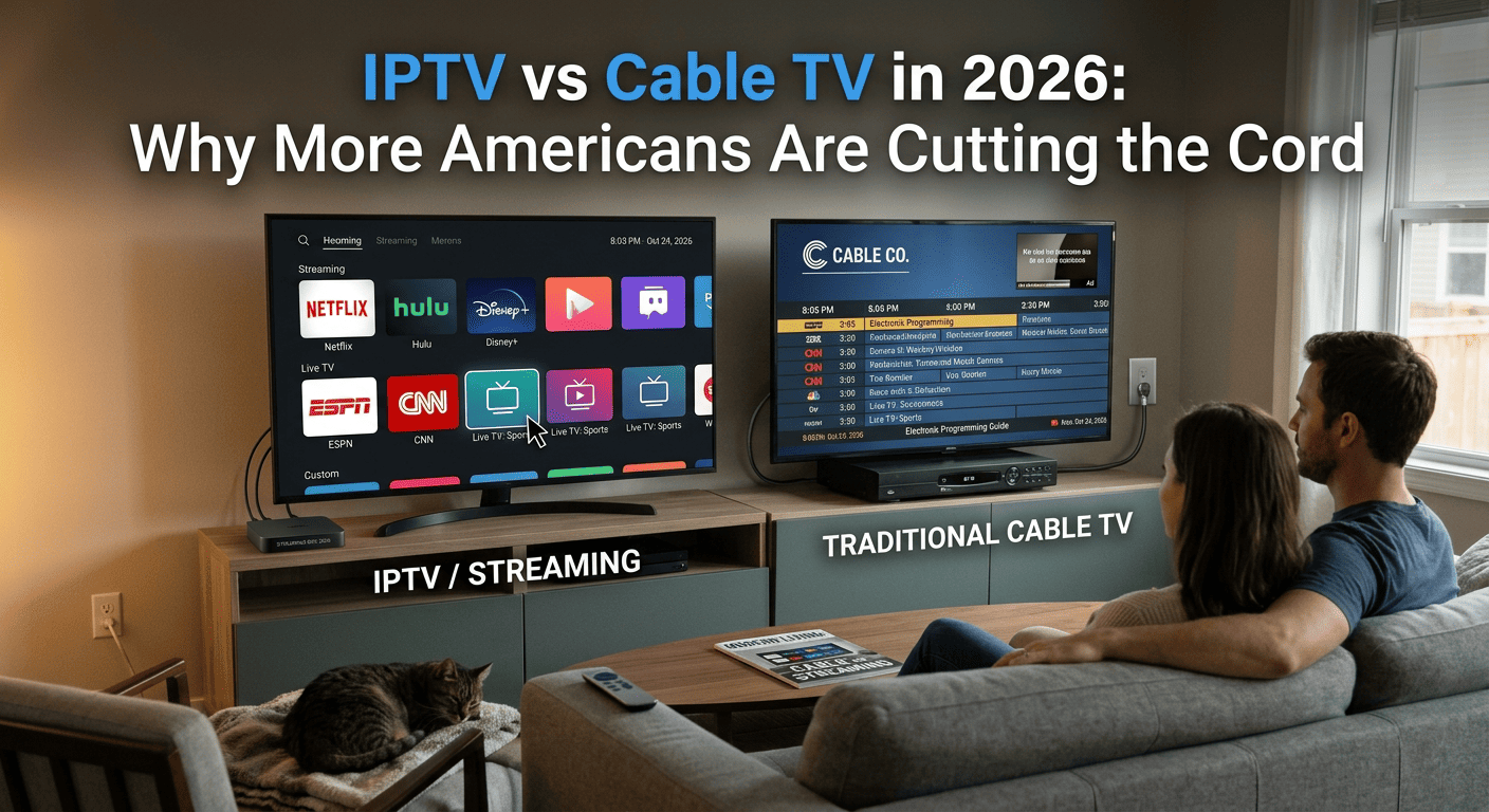 Modern living room TV setup – IPTV vs Cable TV comparison