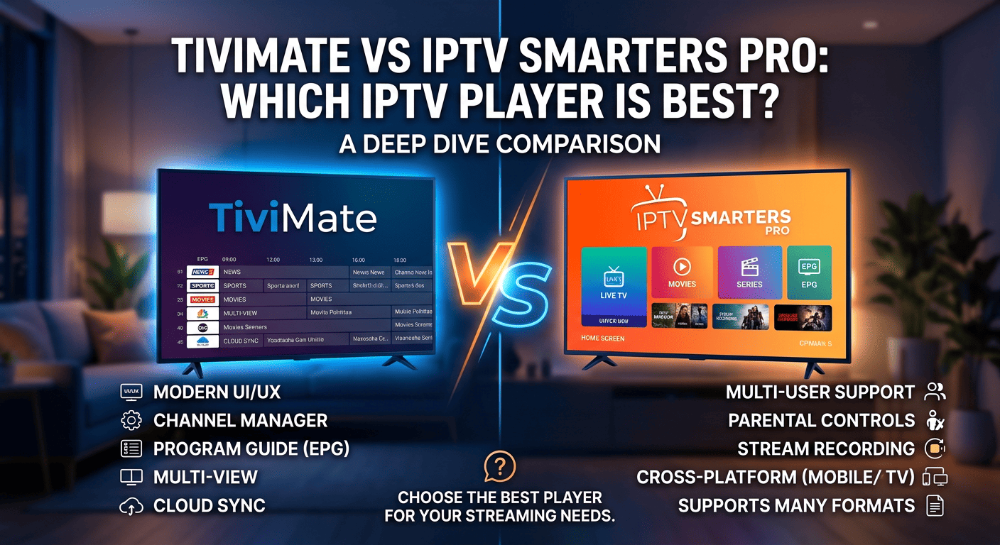 Laptop displaying streaming player interface – TiviMate vs IPTV Smarters
